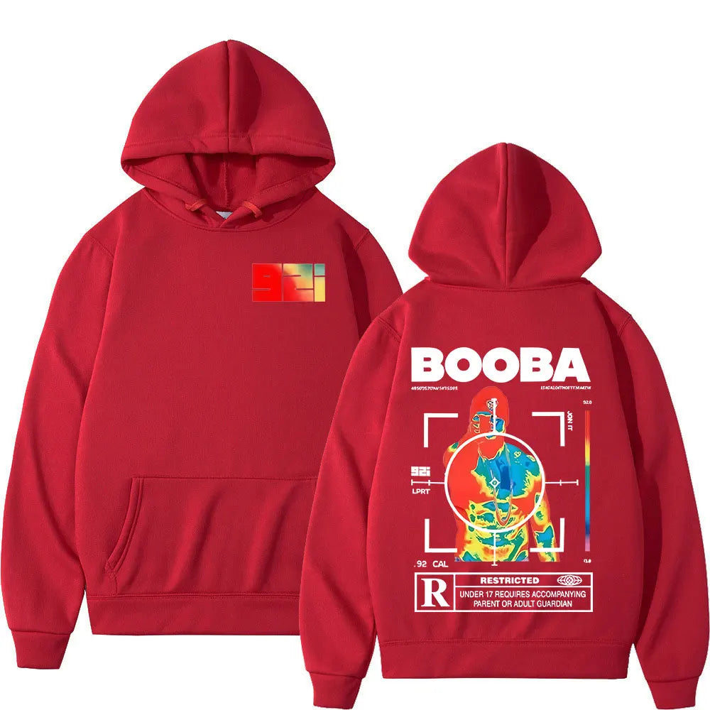 Back view of red rapper booba b2o sleeves hooded sweatshirts with bold booba graphic and thermal imaging design