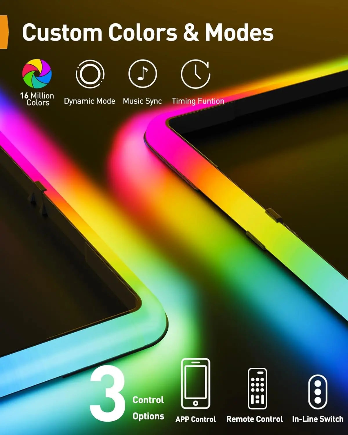 Full motion tv wall mount with tilt swivel extension featuring a rainbow-colored led light strip and extension music sync modes