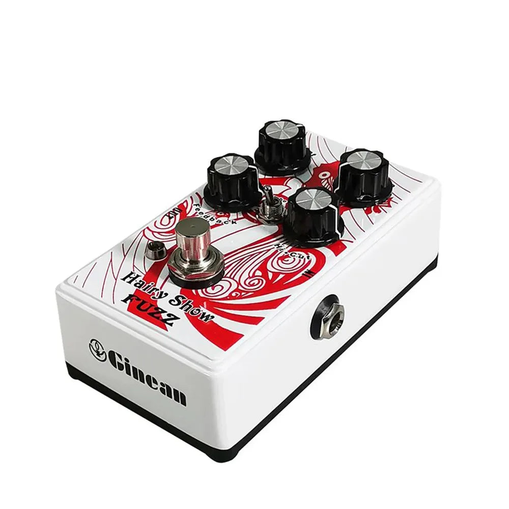 White gincan fuzz guitar effect pedal with red and black graphics, four knobs, and footswitch for electric guitar bass string instrument