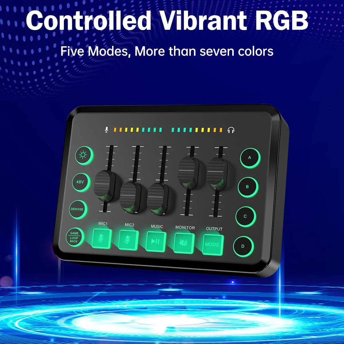 Black rectangular gaming audio mixer with green led controls and five sliders for podcast recording and rechargeable use