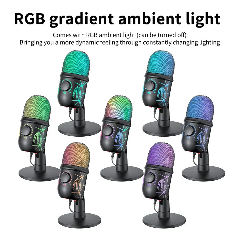 Black usb gaming microphone with mesh grille rgb gradient lighting condenser podcast mic with stereo monitoring