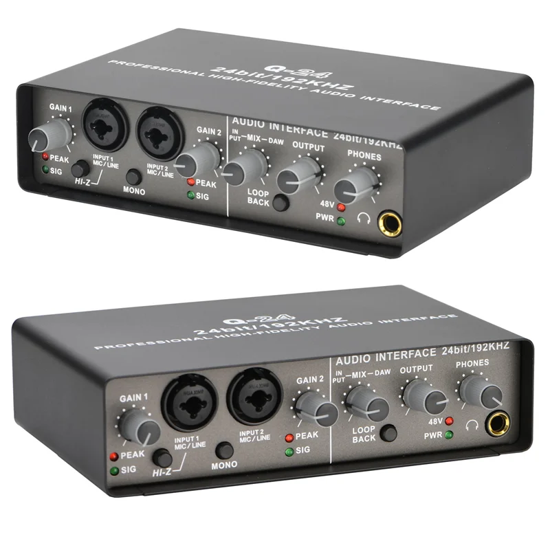 Black professional 24bit 192khz audio interface with silver knobs and gold-plated jack for electric guitar loopback studio pc recording