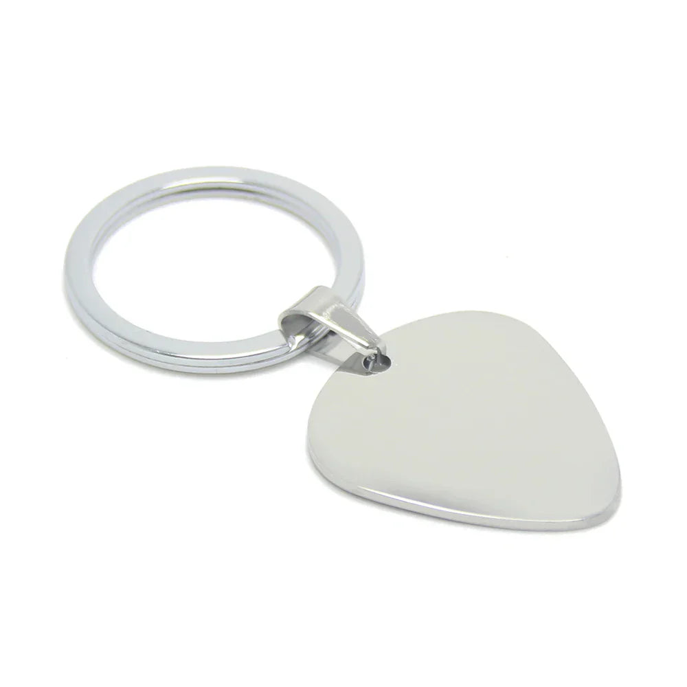 Silver guitar pick keyring with polished metallic finish for electric bass guitar and musical instrument accessories