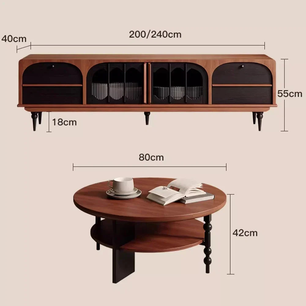 Warm-toned wooden mid century modern media console with black arched doors and luxury drawers meuble paired with coffee table