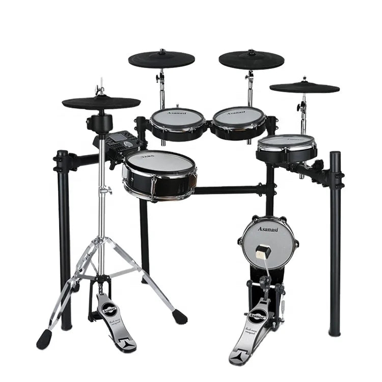 Black asanasi musical drum set with silver hardware and black cymbals toy electronic drum kit musical instruments