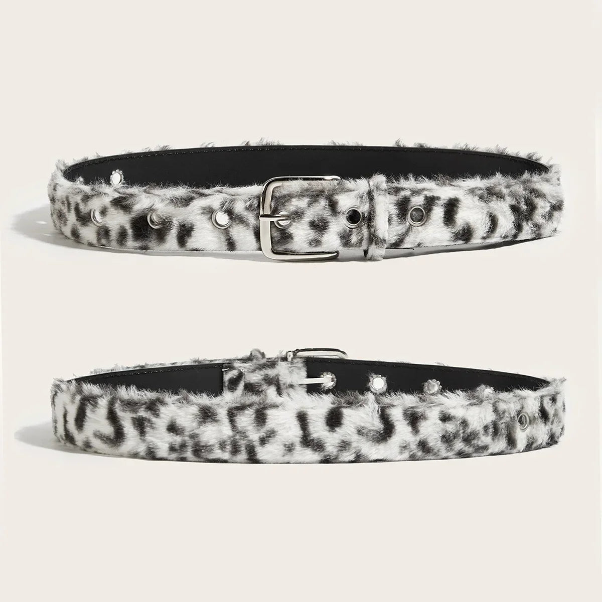 Black and white faux fur leopard print y2k women belt with silver buckle gothic animal fur waistband accessory