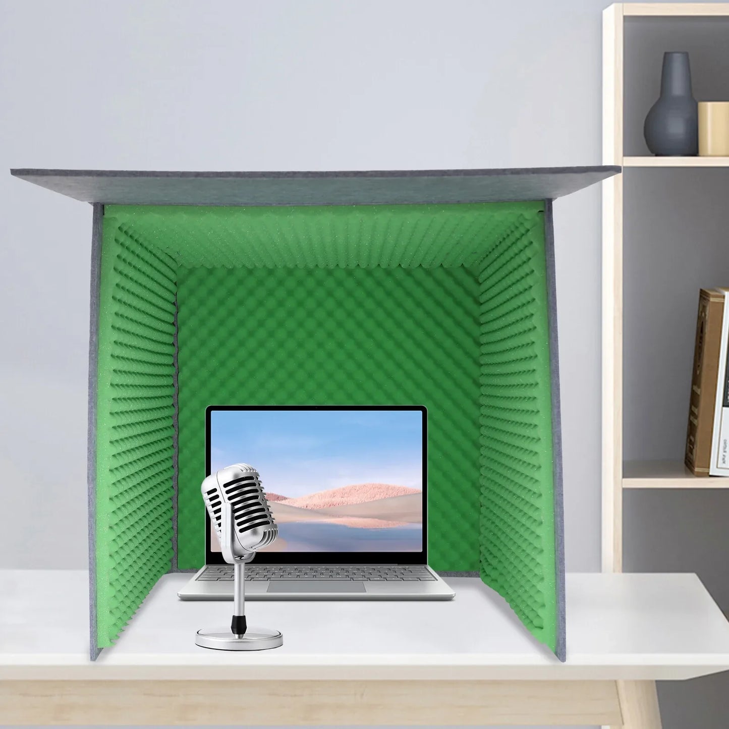 Green portable soundproof foam acoustic booth with gray frame desktop soundproof cover for studio recording and live streaming