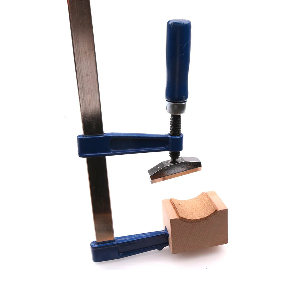 Blue metal fret press tool with blue handle and threaded screw clamping wooden block for guitar bass fretting use