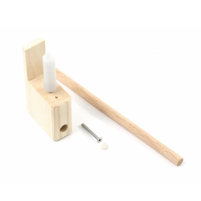 Light-colored wooden guitar bridge doctor with white plastic insert and metal screw for musical instrument manufacturing and repair