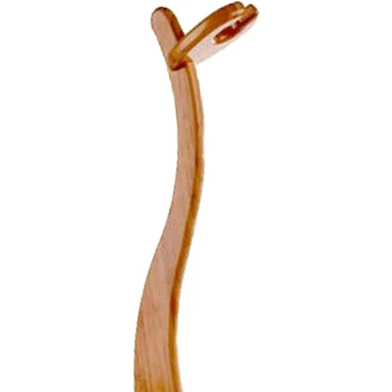 A sleek light brown wooden spoon with a curved handle shown alongside a guitar holder stand for electric guitars and ukuleles