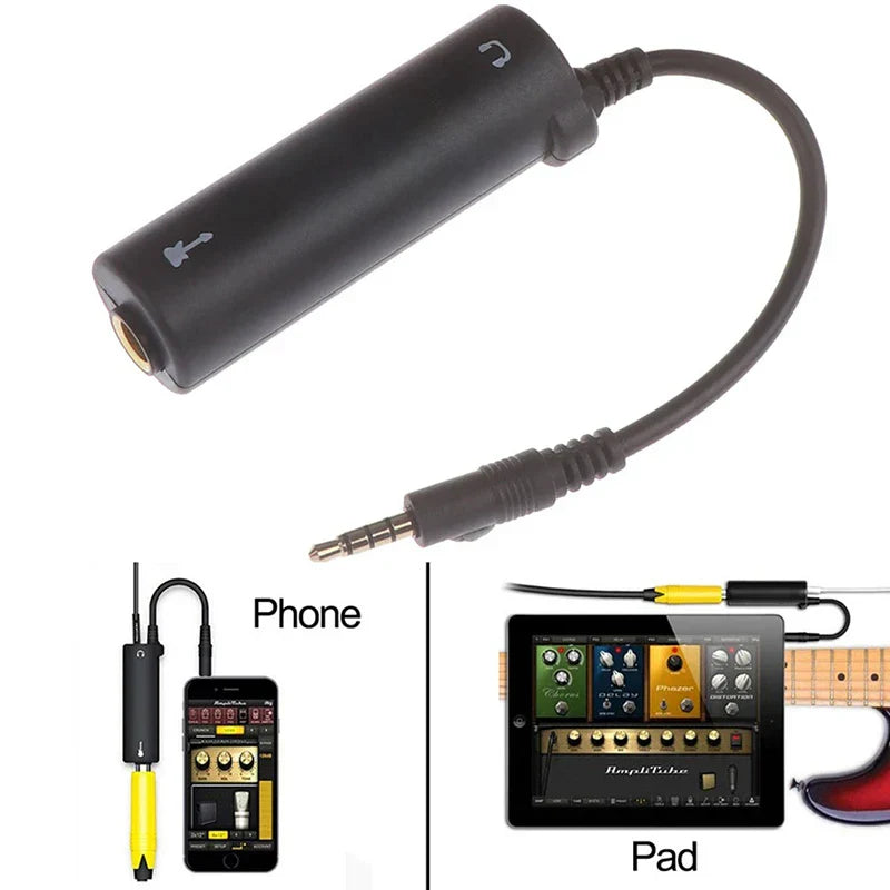 Black cylindrical guitar audio interface adapter with 3.5mm jack usb-c connector and white guitar headphones icons
