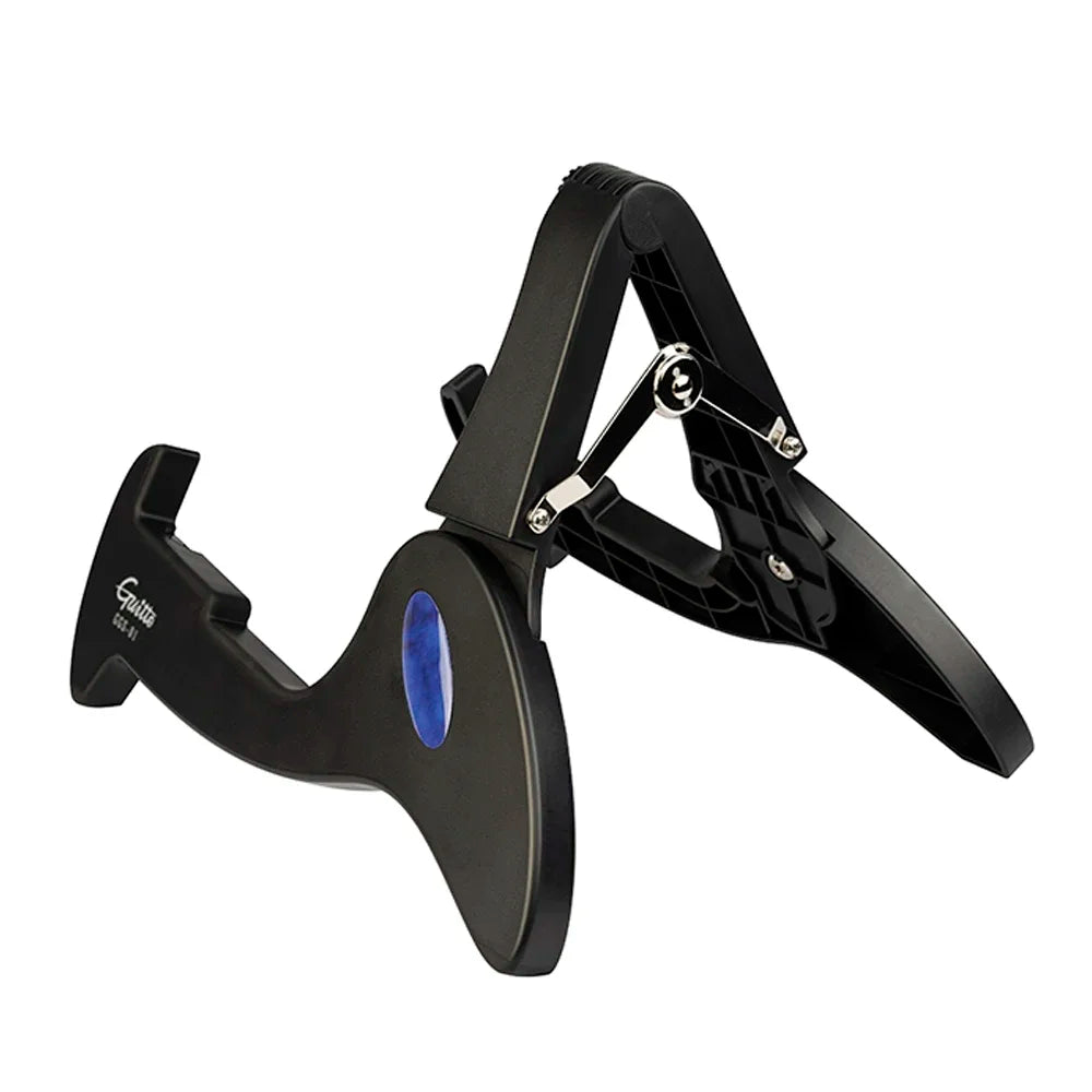 Black plastic guitar stand universal folding tripod holder with blue accent and silver metal hinges for musical instrument rack