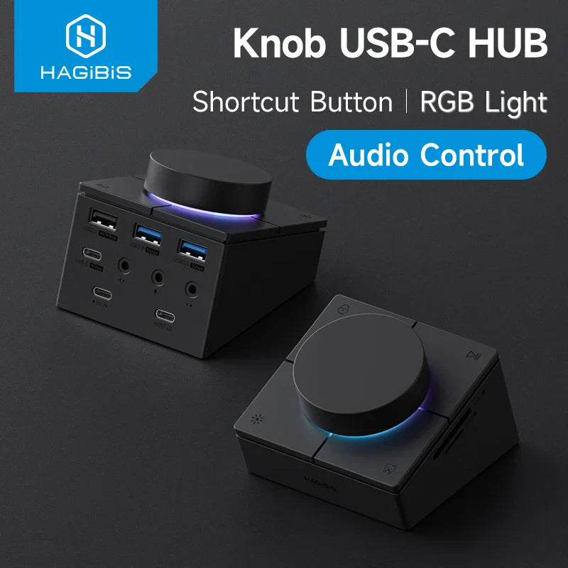 Black hagibis knob usb c hub with rgb lighting and shortcut buttons for audio control and volume adjustment