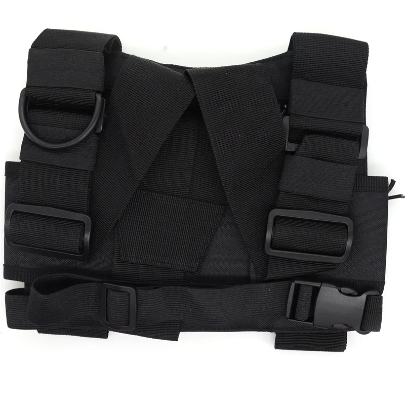 Black tactical chest rig with adjustable straps and durable webbing wist pouch holster for ham radio hip use