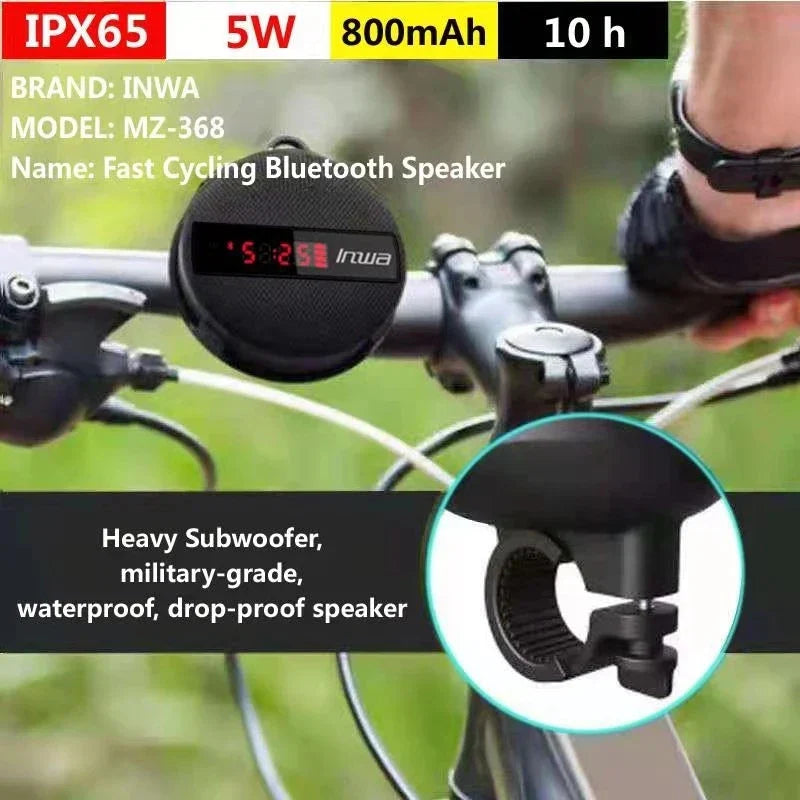 Black circular inwa mz-368 fast cycling bluetooth speaker with red display mounted on bike handlebar wireless portable caixa