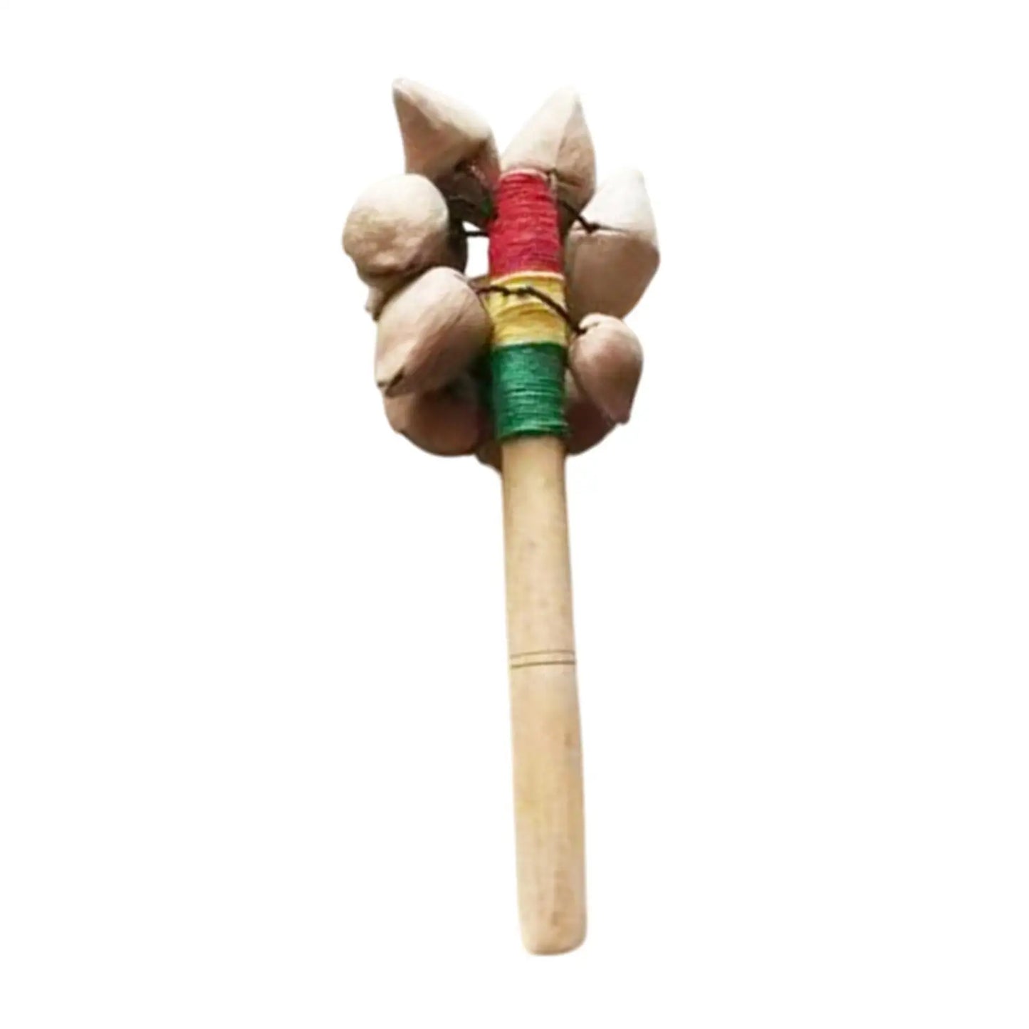 Handcrafted wooden nut shell shaker with vibrant red yellow and green bands, a compact handmade handheld bell for concerts
