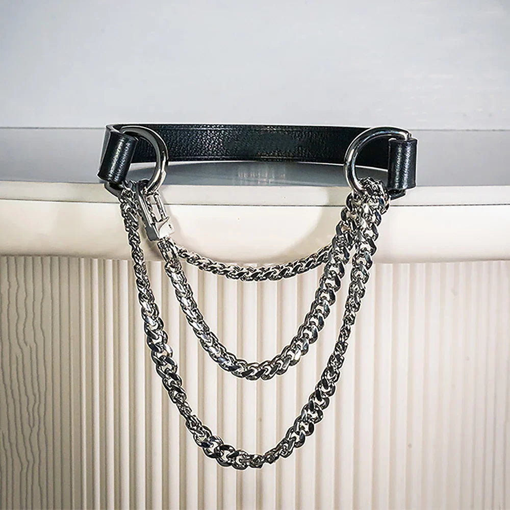 Handmade black leather choker collar with silver slip chain necklace and adjustable hiphop triple-layer design