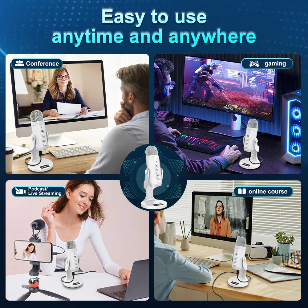 Haomuren professional white usb condenser microphone with sleek design and stand base for studio recording and phone gaming