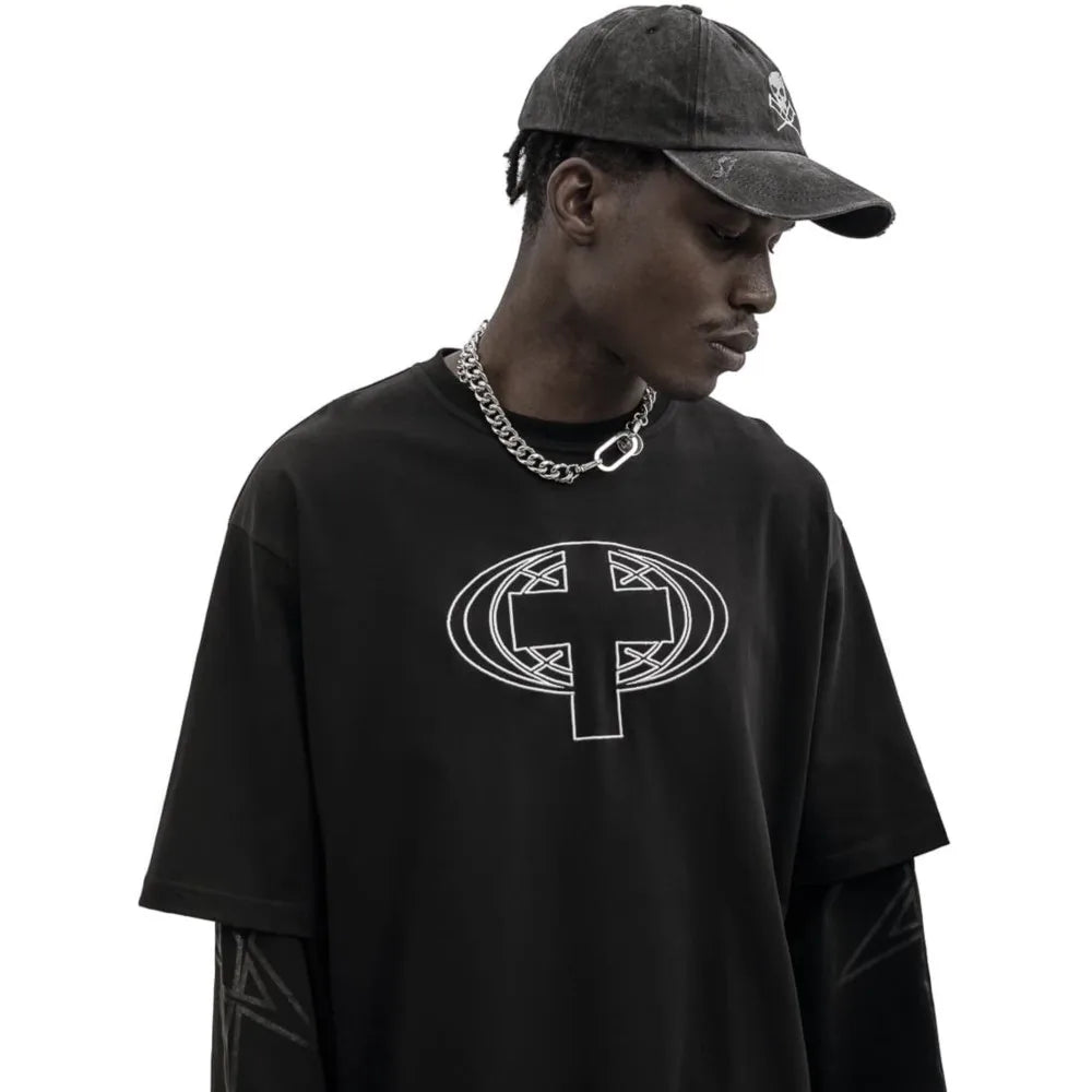 Black oversized harajuku streetwear men’s t-shirt with white geometric cross and subtle sleeve patterns received positive feedback