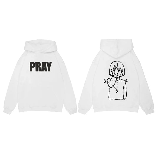 White hoodie back side with black pray graphic print in harajuku streetwear punk pullover, positive feedback since items received