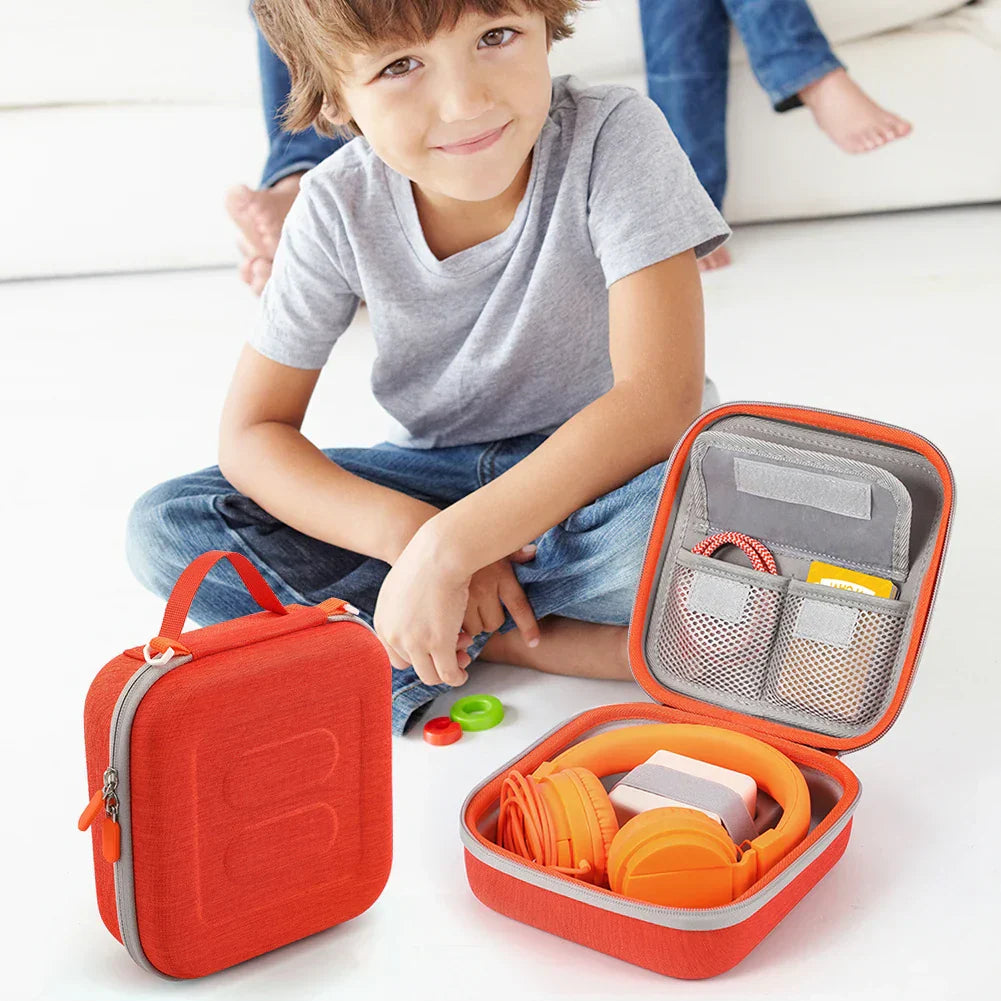 Bright orange durable hard-shell yoto mini player carrying case with gray trim and handle for kids music players storage