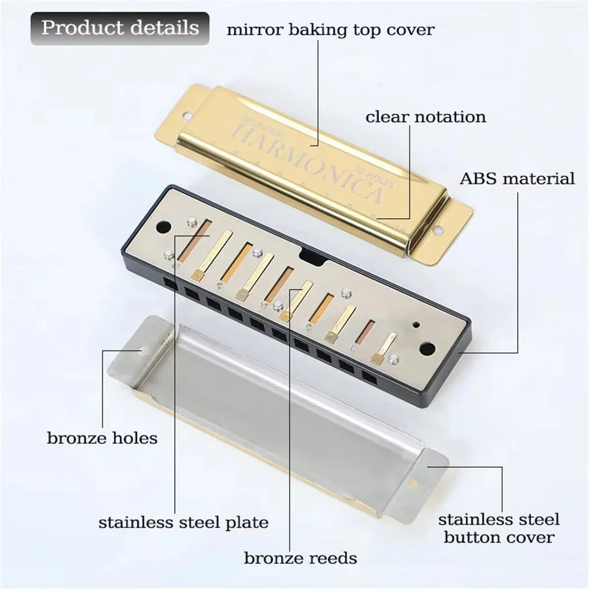 Gold-colored harmonica 10 holes diatonic key with abs body bronze reeds stainless steel plate for beginners kids adults blues harp mouth