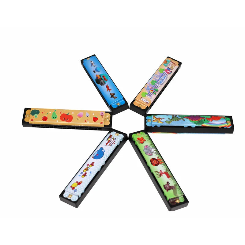 Six colorful children’s harmonica toy with cartoon designs on black body for educational musical instrument use preschool children beginner