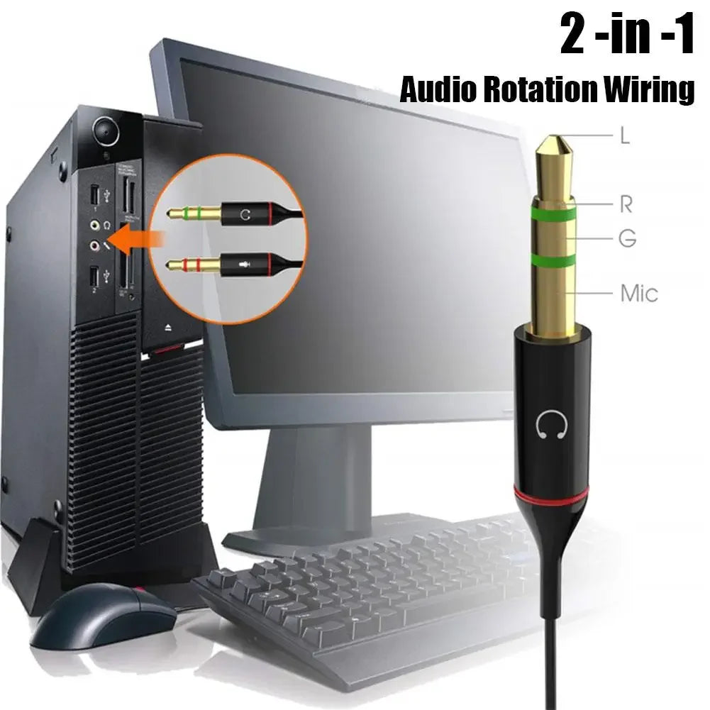 Black and gold headphone mic audio y splitter with color-coded male connectors for microphone audio converter use