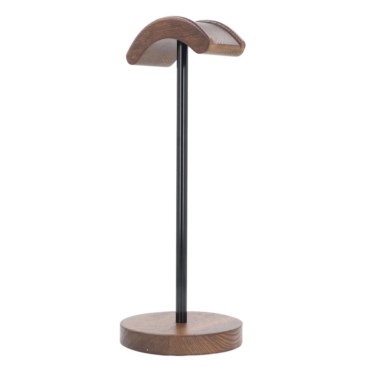 Wooden headphone stand with curved dark brown walnut headrest and black metal pole gaming headset holder display for westone headsets