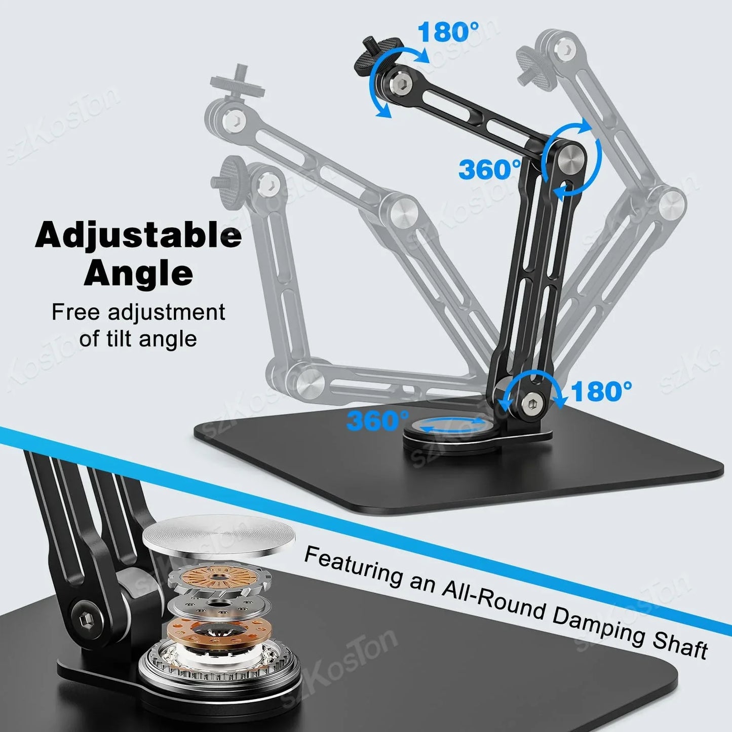 Black adjustable metal boom microphone stand with 360-degree rotatable foldable desk design for recording podcasting streaming