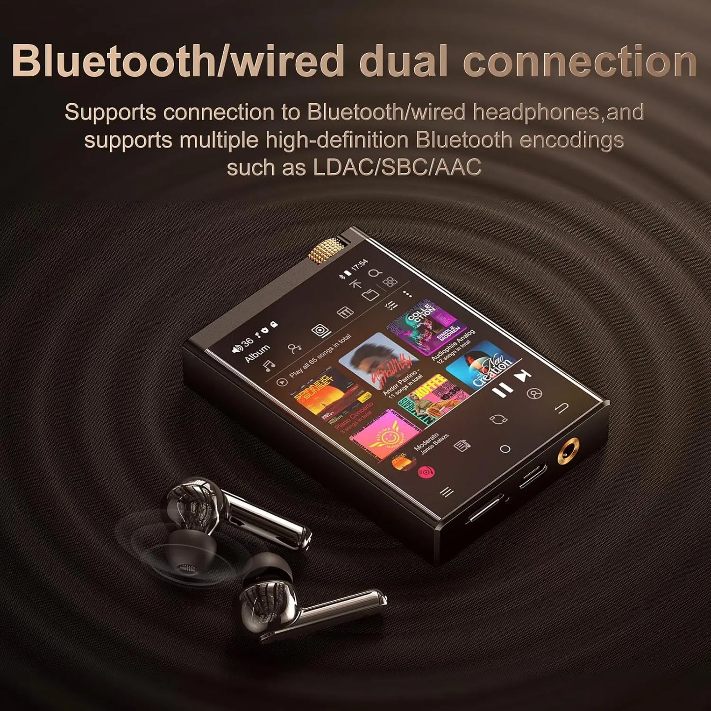 Black rectangular hi-fi mp3 player with gold audio jacks wifi oilsky lossless touchscreen and silver wireless earbuds
