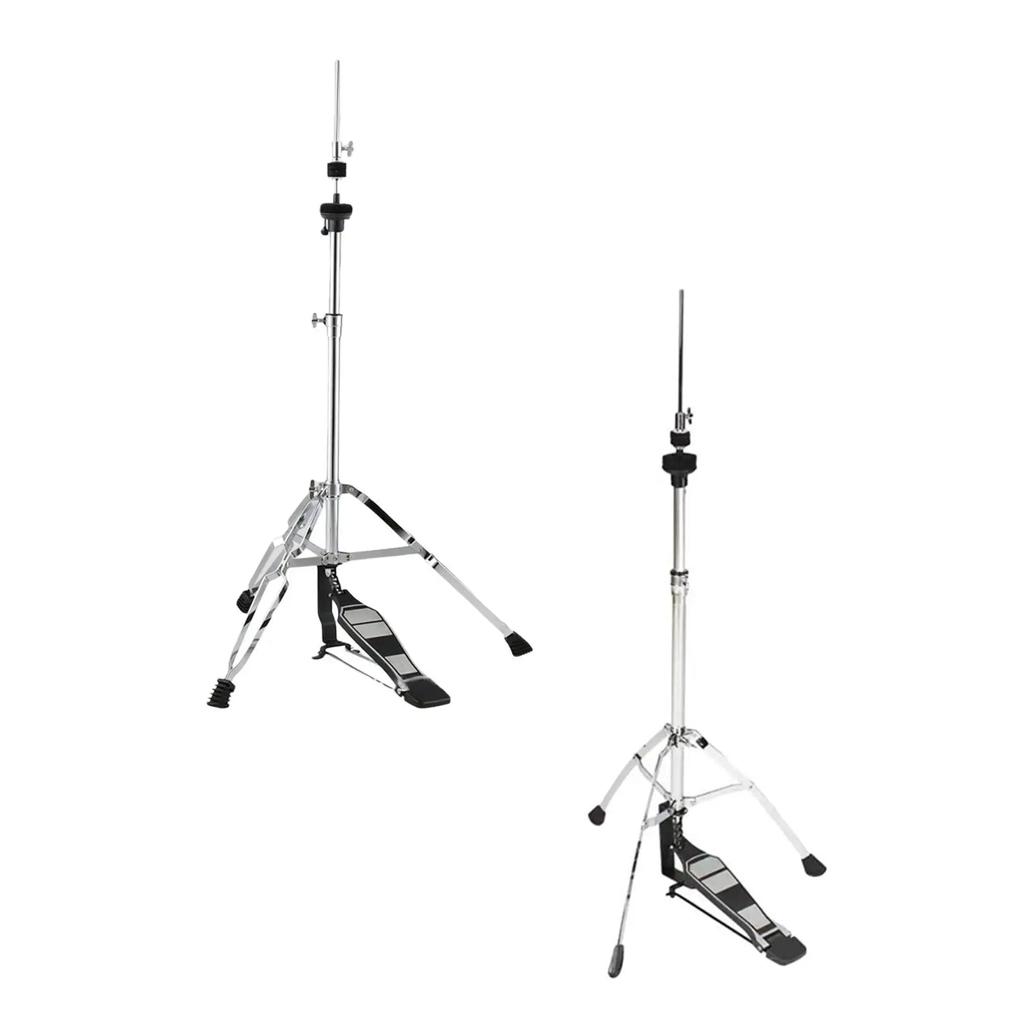 Silver chrome-finished hi hat tripod stand with black foot pedal and adjustable height for drum pad stand use