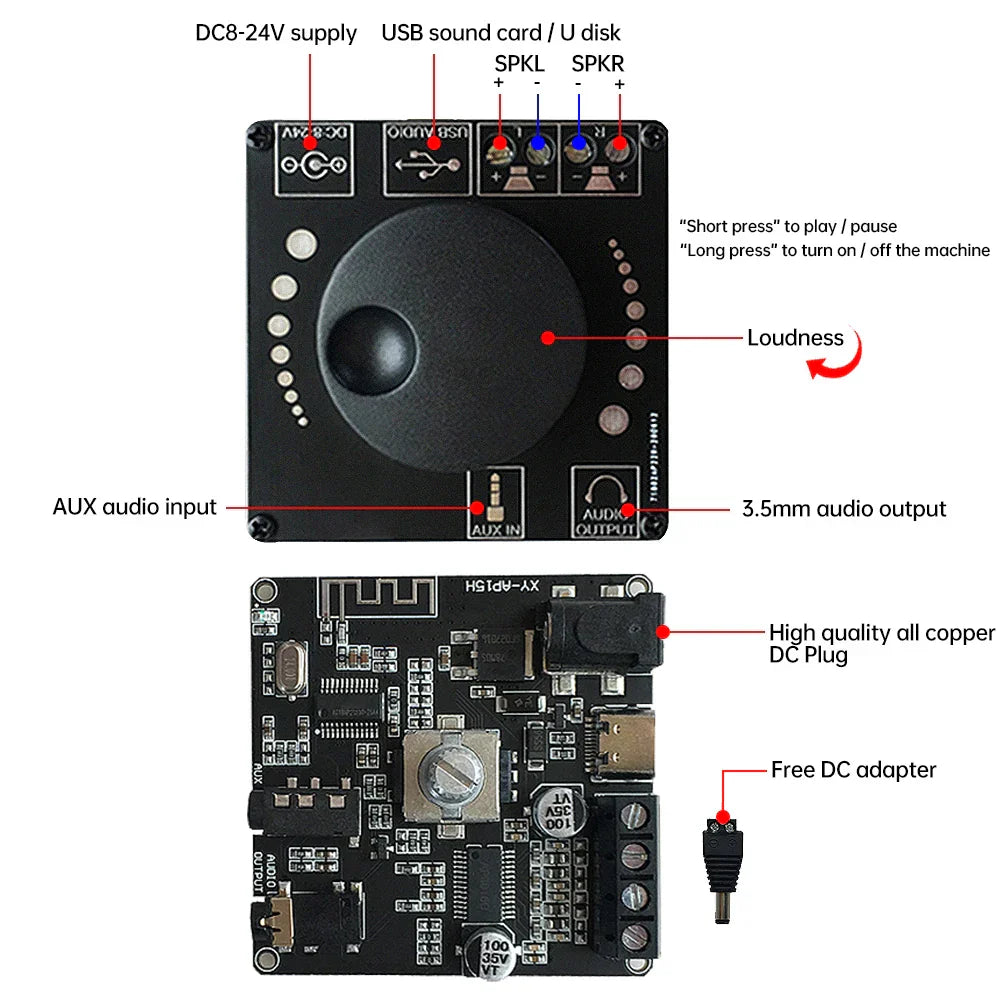 Black digital amplifier board ap15h stereo with central jog dial input 12v 24v labeled usb sound card ports