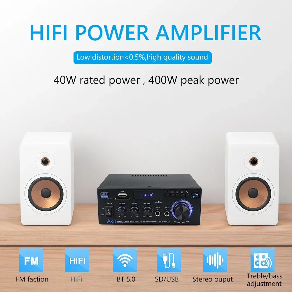 Black hifi digital amplifier with purple illuminated volume knob and multiple ports supports 90v-240v surround sound amplifiers car max 350w 2