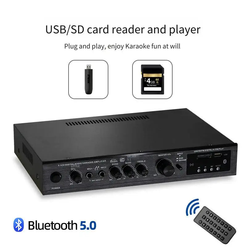Black rectangular usb sd card player and power amplifier with bluetooth 5.0 for home theater outdoor channel subwoofer bass use