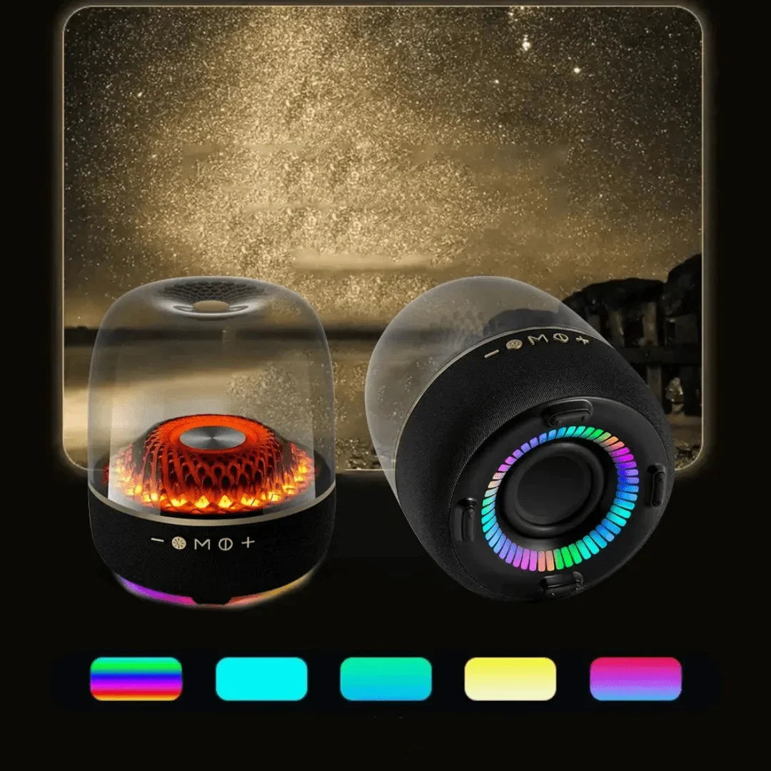 Black cylindrical bass sound box surround sound column with transparent dome and rainbow led lighting base