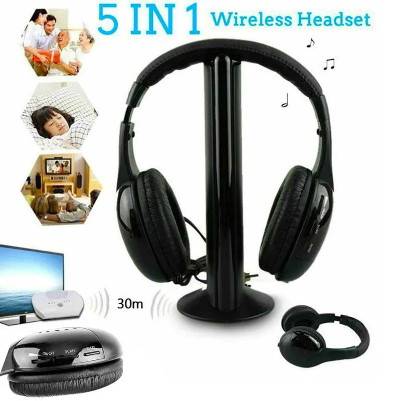 Black over-ear hifi wireless headphones with padded earcups and microphone wireless receiver for tv computer use