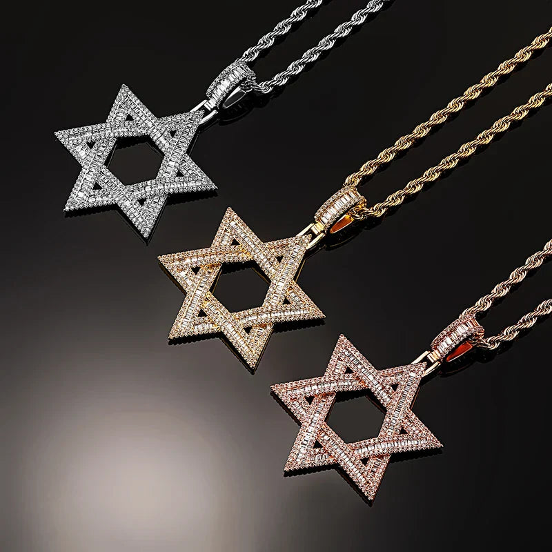Three diamond-encrusted jewish star david pendants necklaces in silver rose gold and yellow gold for men rapper jewelry