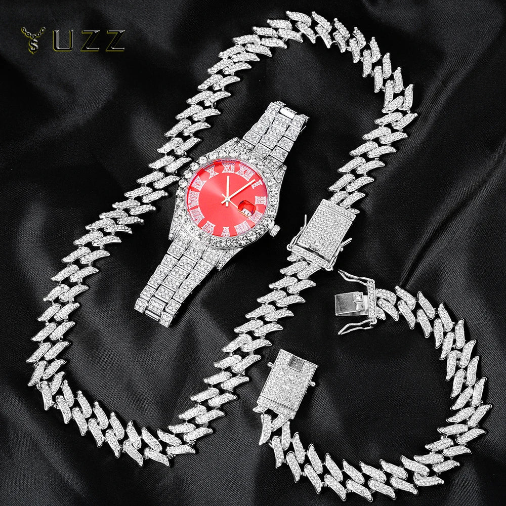 Silver-toned men miami curb watch with vibrant red face and roman numerals featuring paved rhinestones rapper design