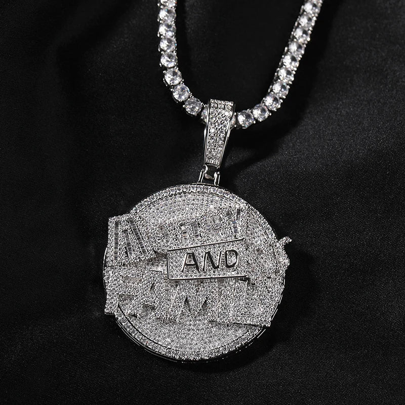 Silver stone paved bling ice iced pendant necklace with circular family round pendant featuring bold and for men rapper jewelry