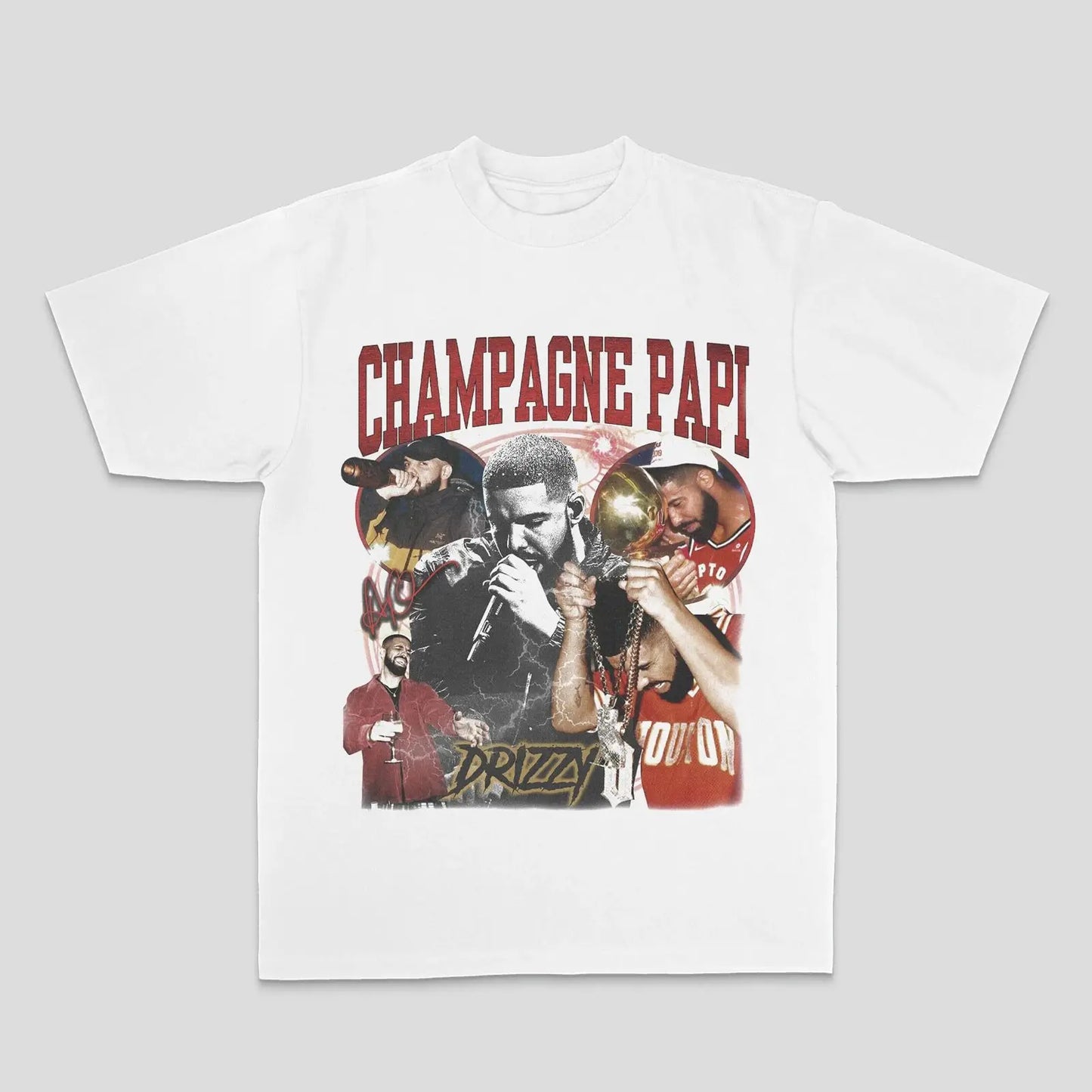 White cotton t-shirt with bold red champagne papi graphic featuring american drake male and male duck rock designs for street sports casual wear