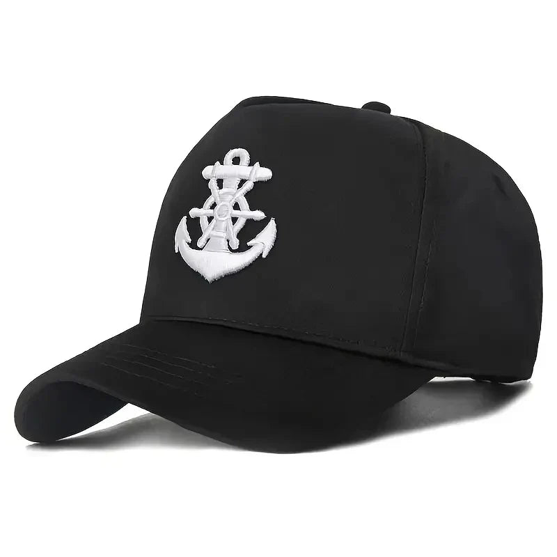 Black cotton hip hop baseball cap with white embroidered anchor and ship’s wheel emblem for outdoor sun use