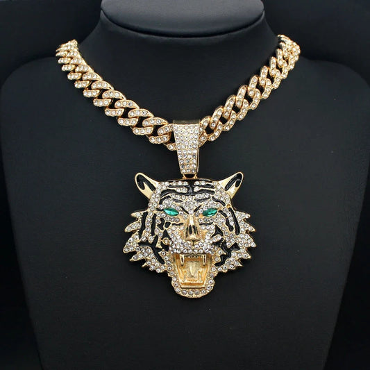 Gold plated hip hop big 3D tiger pendant necklace with green eyes and rhinestones on a nickel free Cuban chain