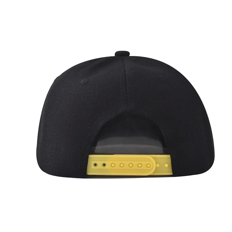 Black snapback cap flat hat with bright yellow adjustable strap and cute embroidery pattern fashion flat brim design