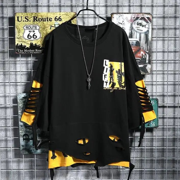 Black and yellow hip hop creative long-sleeve tee with lace-up cuffs and cut-out details in summer japanese style streetwear couple tops