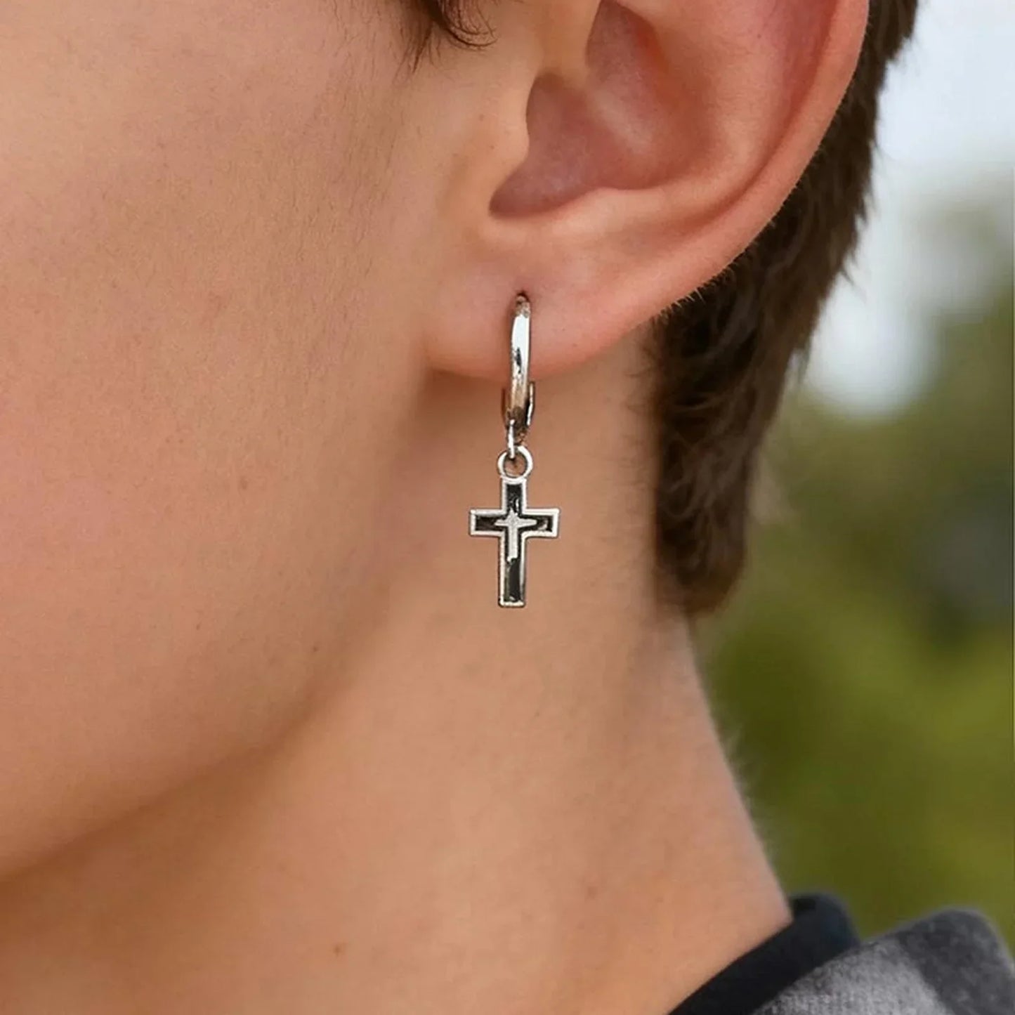 Silver metal hip hop cross huggies earring with dangling cross pendant for men boys simple piercing gift