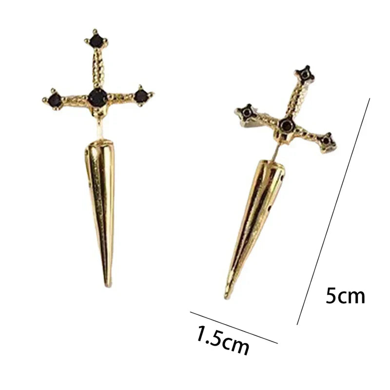 Gold-toned hip hop cross sword stud earrings featuring classic blask crystal stones for women in black and silver ox color