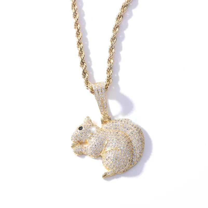Gold-toned squirrel pendant small with clear crystal pavé on body and tail hip hop jewelry for men and women accessories