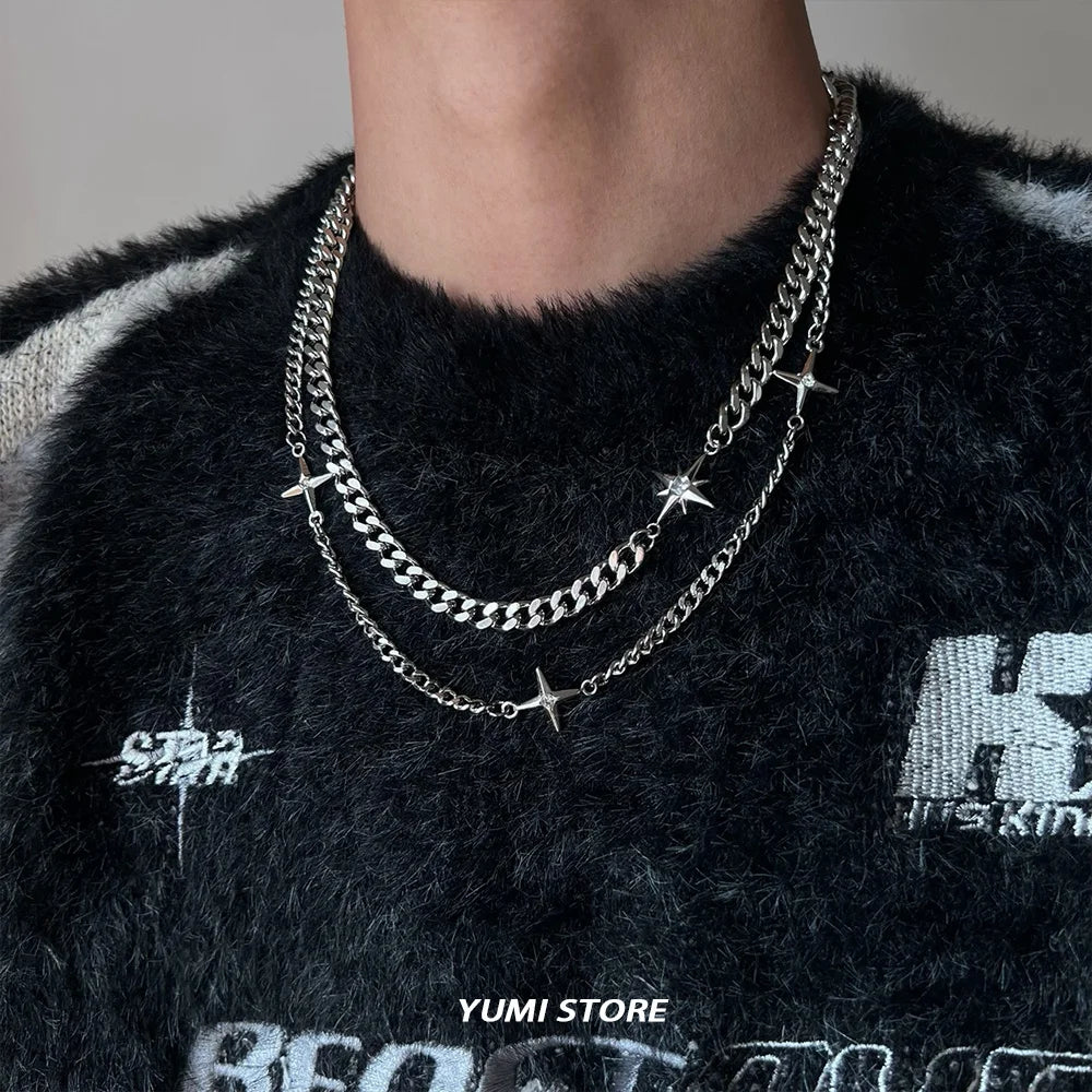 Silver star cross necklace with mixed thick and thin titanium steel chains clavicle chain choker punk male accessories