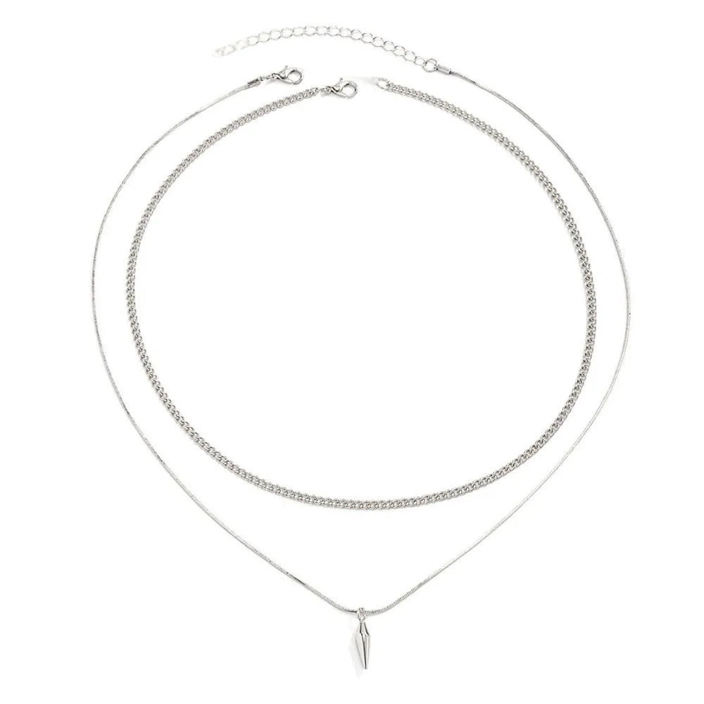 Silver double-layered pendant necklace stainless steel featuring a pointed pendant for men jewelry accessories gifts